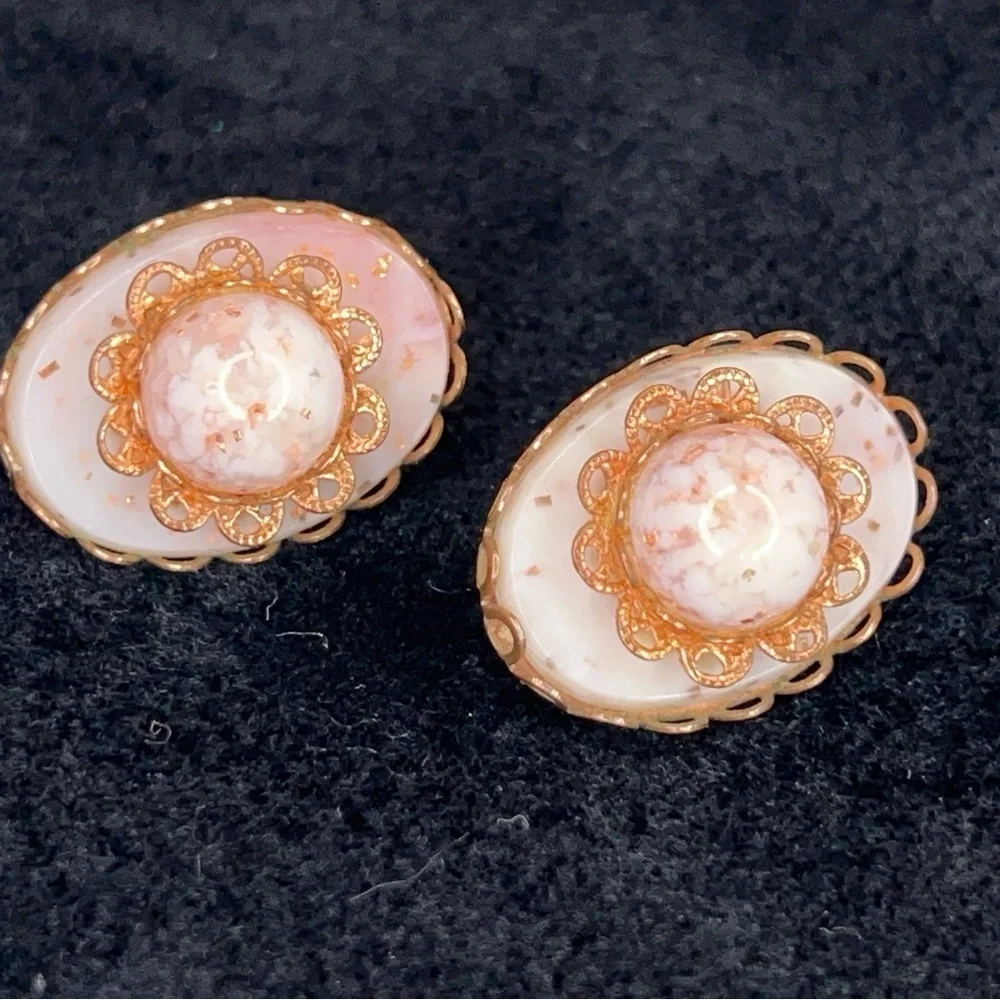 Vintage Ivory White Pink Copper Clip On Earrings Event Wedding